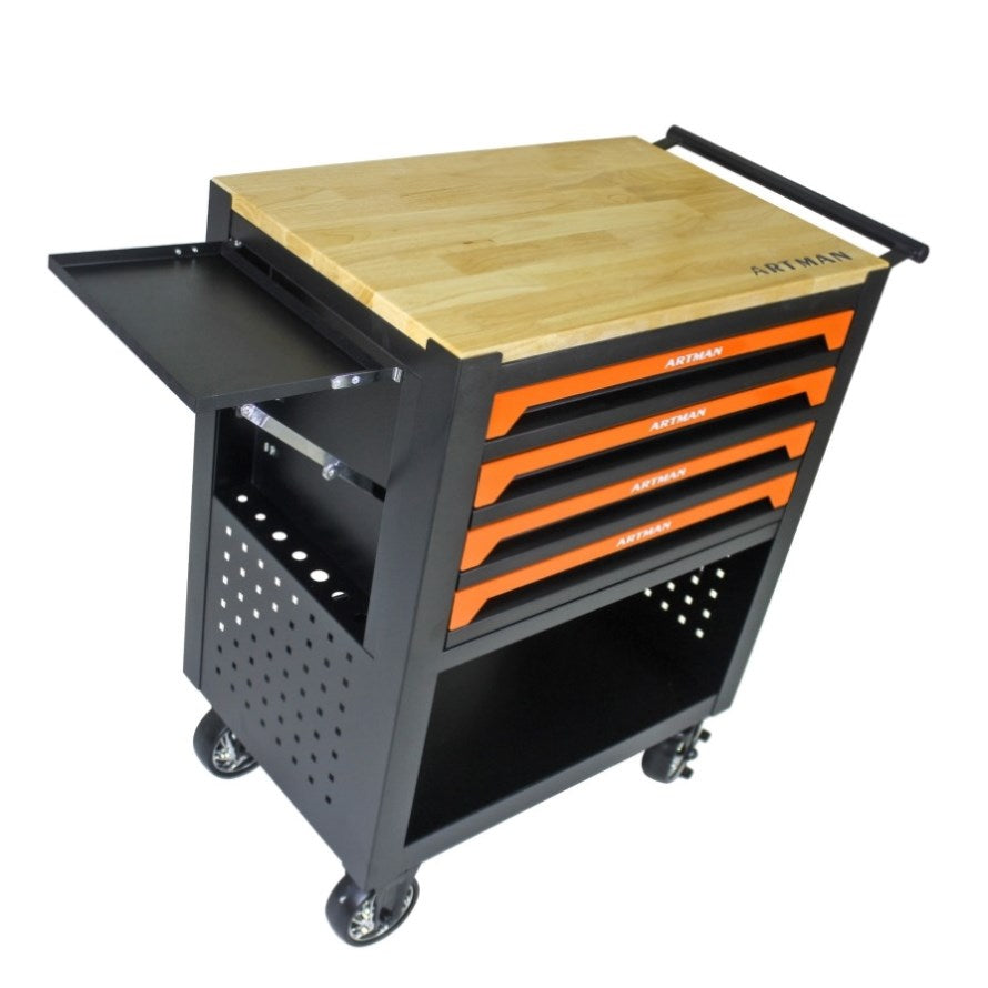 4 DRAWERS MULTIFUNCTIONAL TOOL CART WITH WHEELS AND WOODEN TOP