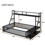 Full Size Floor Bed Frame with Safety Fence, Metal Floor Bed with Desk and Storage Shelves, W1580P240070