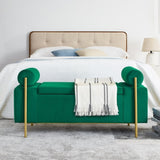 Elegant Upholstered Velvet Storage Bench with Cylindrical Arms and Iron Legs for Hallway Living Room W487128012