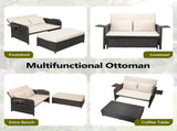 Patio Rattan Daybed Set, 2-in-1 Wicker Loveseat Sofa with Multipurpose Ottoman & Retractable Side 71173941