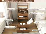 3-in-1 Vanity Desk with Lighted Mirror & Stool, Flip Top Makeup Dressing Table, Compact Storage for W2699P478802