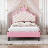 ZNTS Twin Size Lovely Crown Fantasy PU Leather Princess Bed with Tufted Headboard, Pink+Cream N733P198760H