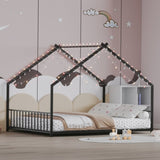 Full size children's bed frame with LED light strips, roof-shaped iron frame bed, Black,78.5" L x W1820P308331