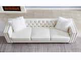 Beige, Three-seater Sofa, Velvet Crystal Buckle Upholstery Sofa, Crystal Feet, Removable Cushion, 09555906