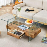 43.3 Inch Modern Two-Tier Coffee Table - Clear Tempered Glass and Natural Wood Grain, W1151P232622