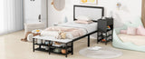 Twin size Metal Platform Bed with Two-Tier Storage Shelves, Wooden Storage Cabinet, Black N737P199330B