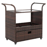 ZNTS Outdoor Patio Wicker Rattan Serving Bar Cart Sideboard On Wheels Brown Gradient 72384423