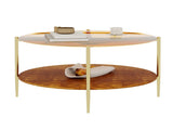Luxurious Round Coffee Table with-Tinted Tempered Glass Top Walnut Wood Storage Shelf, Sturdy W1935P457159