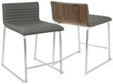 26" Contemporary Counter Stool in Brushed Stainless Steel, Walnut Wood, and Grey Faux Leather - Set B202P222389