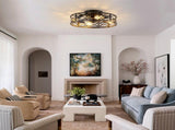 20 Inch Low Profile Caged Flush Mount Ceiling Fan with Light, Hollow Floral Metal Enclosed Fan, W3816P585946