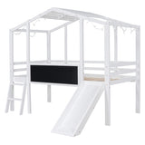 ZNTS Twin Size Loft Bed with Ladder and Slide, House Bed with Blackboard and Light Strip on the Roof, 96498057