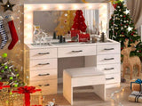Vanity Desk Set with Large Lighted Mirror and Powre Outlet, Glass Top Makeup with 9 Drawers, 08262399