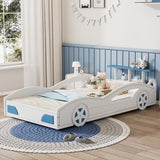 ZNTS Wooden Race Car Bed,Car-Shaped Platform Twin Bed with Wheels For Teens,White & Blue WF310553AAK