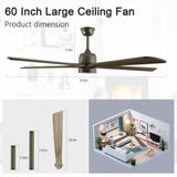 60" Modern Wood Fan with Light and Remote Control,6-Speed Noiseless Reversible DC Motor, W1340P184910