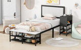 Twin size Metal Platform Bed with Two-Tier Storage Shelves, Wooden Storage Cabinet, Black N737P199330B