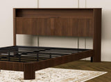 Queen-size slatted bed frame with storage, built-in charging ports, wave-shaped design, and metal W1162P440051