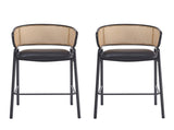 Ethan Indoor Metal Upholstered Barstool, Faux Leather Seat With Wowen Rattan Decorated Backrest, Set N775P290455B