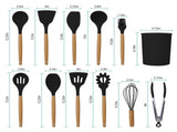 11Pcs Silicone Cooking Utensil Set Heat Resist Wooden Handle Silicone Spatula Ladle Spaghetti Server 04943174