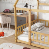 Full Size House Floor Wooden Bed with Roof Frame, Safety Guardrails,Natural W504P286409