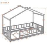 Twin Size Wood Bed House Bed Frame with Fence, for Kids, Teens, Girls, Boys, Gray WF302176AAE