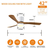 42 inch Wood Ceiling Fans with Lights and Remote, Modern Flush Mount Low Profile Ceiling Fan with W2352P194114