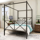 Metal Canopy Bed Frame, Platform Bed Frame with X Shaped Frame Full Black W84041891