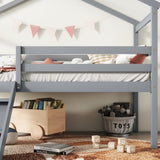 ZNTS Twin Low Loft House Bed with Slide, Ladder, Safety Guardrails, House Roof Frame,Grey W504P145315
