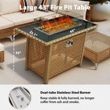 K&K 43" Propane Gas Fire Pit Table, 60000 BTU Rectangular Open Weave Wicker Fire Pit with Glass Wind N707P210158Z