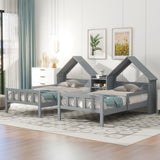 Double Twin Size Platform Bed with House-shaped Headboard and a Built-in Nightstand, Grey WF306928AAE