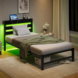 Twin Size Bed Frame Heavy Duty Platform Bed Frame with Headboard, USB Charging Station, LED Bed, No W840P209905