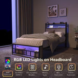 Twin Bed Frames , Headboard and Charging Station & LED Light for Bedroom, Solid and Stable, Noise W2129P314786