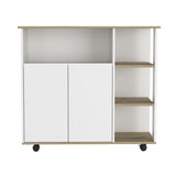 Paprika Kitchen Cart, Four Casters , Four Open Shelves, Double Door Cabinet -Light Oak / White B20092047