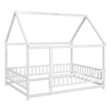 ZNTS Full Size Floor Wooden Bed with House Roof Frame, Fence Guardrails ,White 15002468