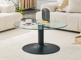 27.5-inch diameter round tempered glass coffee table. 17.7 inches high, supported by a black metal W1512P510326