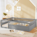 ZNTS Full Floor Bed Frame with Fence, Wood Kids Floor Beds Frame for Bedroom Playroom,Gray W2593P164751