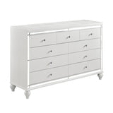 Glamorous Metallic White Finish Dresser of 9x Drawers Faux Crystal Knobs Modern Bedroom Furniture B011133816