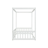 ZNTS Twin Size Canopy Frame Floor Bed with Fence, Guardrails,White W504P143278