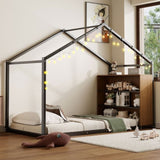 Twin Size Metal Bed House Bed Frame with Shelves and Lights, Black N737P176708B