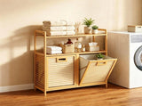 32 Inch Double Compartment Bamboo Laundry Organizer Freestanding Cabinet, Raised Guardrail Top Shelf 52897396