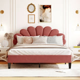 Queen Size Upholstered Platform Bed with Flower Pattern Velvet Headboard, Bean Paste Red WF305291AAH