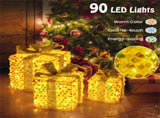Set of 3 Christmas Lighted Gift Boxes with 90 Warm Lights, PVC SequinsBows, 10"/8"/6" Sizes 13436760