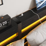 Queen Size Metal Bed Frame with Wooden Headboard, RGB Lights, Charger, Storage Shelf, Noise-Free, No W840P209907