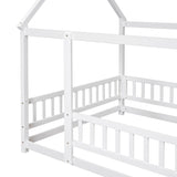 ZNTS Full Size Floor Wooden Bed with House Roof Frame, Fence Guardrails ,White W1791P148196