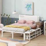 Full size Metal Platform Bed with Two-Tier Storage Shelves, Wooden Storage Cabinet, White N737P199334K