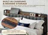 Queen Bed Frame with Charging Station and Storage Headboard, 18 Inch High Metal Platform Bed with PU W1820P532212