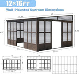 12x16FT All Season Sunroom, Outdoor Permanent Wall Mounted Solarium with Detachable Polycarbonate W1859P238682