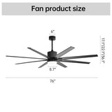 76 Inch Ceiling Fan with 18W Dimmable LED Light Remote Control 8 Solid Wood Blades Black for Living W882P181684