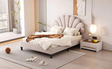 Full Size Upholstered Platform Bed with Flower Pattern Velvet Headboard, Beige 70479085