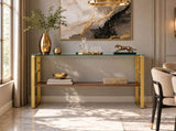 44 Inch Console Table with Storage Shelf, Modern Tempered Glass Entryway Table with Gold Metal Frame W2920P495917