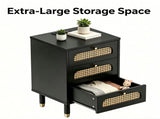 3-Drawer Nightstand with Woven Rattan Fronts and Built-in Power Outlet 15.75"*13.78"*23.82" Black 43527562